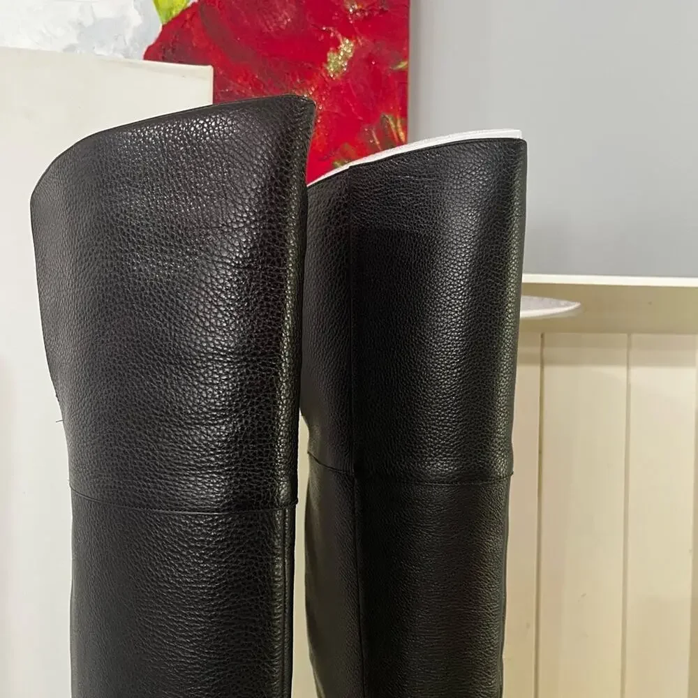 NEW Via Spiga Pebbled Leather Over The Knee OTK Chunky Heel Almond Boots 5.5 NIB